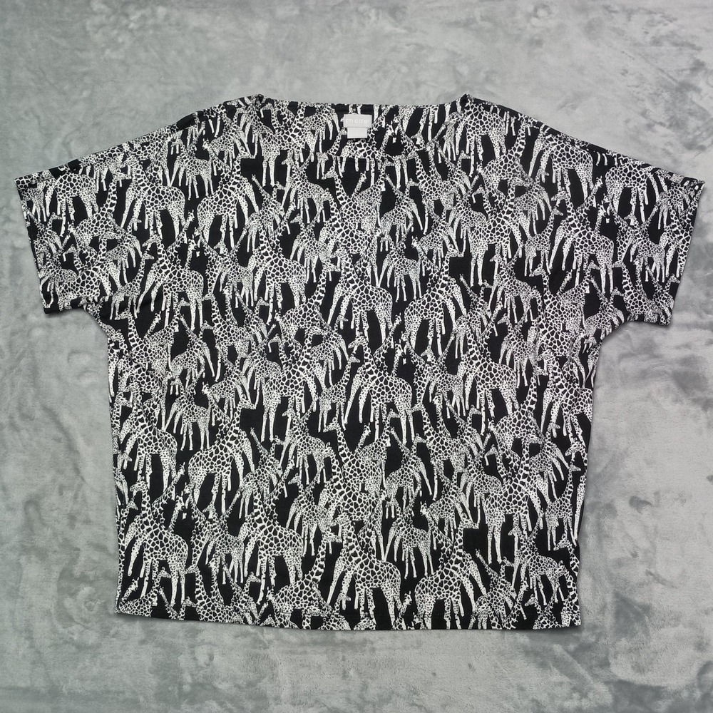 Chico's Shirt Womens 1 US 8 Black Giraffe Print Short Sleeve Dolman Boat Neck